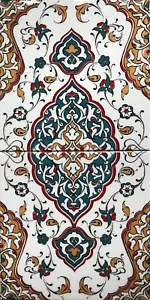 Turquoise & Mustard Turkish Iznik Floral Pattern 8"x16" Ceramic Tile Set Mural - Picture 1 of 1
