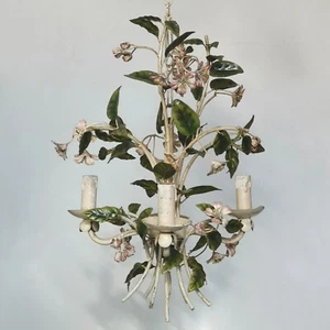 ANTIQUE ITALIAN FLORENTINE TOLE CHANDELIER CEILING LIGHT 4 ARMS ROSEHIP FLOWERS - Picture 1 of 14