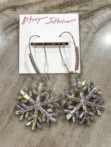 Betsey Johnson Silver Tone Snowflake Dangle Earrings Crystal Christmas Winter - Picture 1 of 3