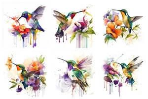 Set of 6 Watercolor Colorful Hummingbirds Fussy Cut STICKERS - Just Cut & Use! - Picture 1 of 1