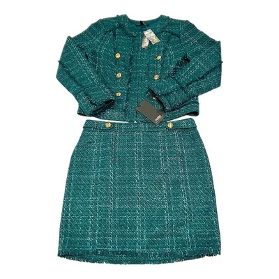 NWT White House Black Market Dark Sea Green Tweed Suit Jacket & Skirt 10 Gold - Image 1 of 4