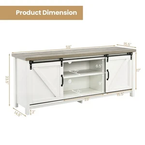 Wooden TV Stand with Sliding Barn Doors for 1.65m TV, Cabinets, White - Picture 1 of 9