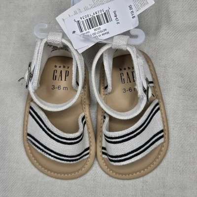 NWT BABY GAP White w/ Black Stripes and Tan Linen Sandals Size 3-6mo - Image 1 of 4
