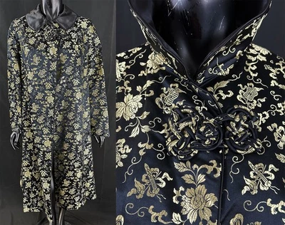 Vintage Chinese Auspicious Symbols Black Silk Gold Damask Evening Swing Coat - Image 1 of 2