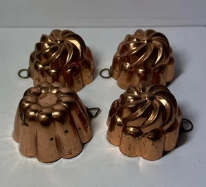 4 Vintage Mini Copper Molds Cake Pan Shape 3 Are The Same Wall Hanging Patina - Picture 1 of 15