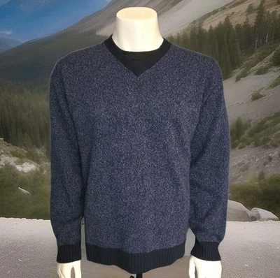 Structure V-Neck Marled Wool Sweater Blue  Lambswool Men’s L Relaxed - Image 1 of 4