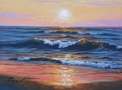 Pintura a óleo original J. Litvinas 'EVENING BY THE SEA' 8 por 6 polegadas - Imagem 1 de 4