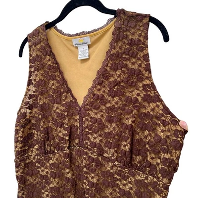 Kathleen Kirkwood 复古棕色花卉蕾丝无袖衬衫上衣加大码 1X — 第 1/4 张图片