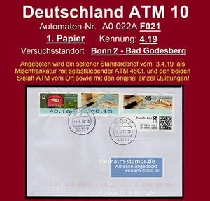 Bund ATM 10 selbstklebend / F021 / 1. Pap / 4.19 / Brief MiF 3.4.19 + AQs Bonn - Picture 1 of 4
