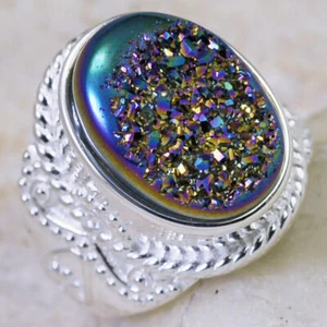 8Ct Titanium Rainbow Druzy 925 Solid Sterling Silver Victorian Ring Size 7 GR470 - Picture 1 of 1