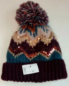 Zara Accesorios Bebé Borgoña Mezcla Lentejuelas Pom Pom Invierno Sombrero 0/6 Meses - 38cm - Imagen 1 de 3