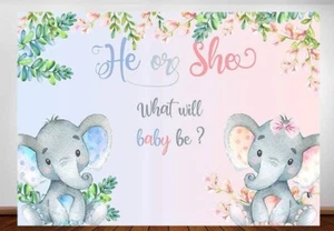 Telón de fondo de revelación de género elefante 7'x5' él o ella lo que será bebé pancarta - Imagen 1 de 2