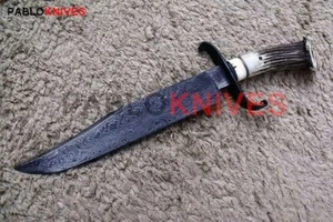 Cuchillo Bowie de caza de acero Damasco forjado a mano de 17" corona mango de asta de ciervo - Imagen 1 de 1