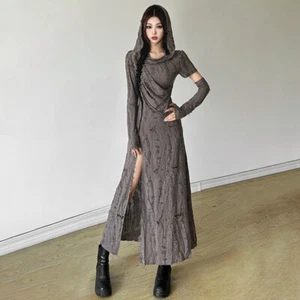 New Spring/fall Women's Fashion Casual Slim A-line Hooded Grey Split fork Dress - Picture 1 of 16