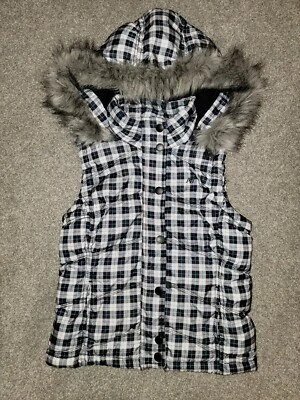 Women Aeropostale Black Plaid Puffer Vest Faux Fur Parka Hood Jacket Size M Ski - Image 1 of 4