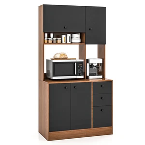 71" Tall Kitchen Pantry Buffet Hutch Freestanding Storage Cabinet 4 Doors Walnut - Picture 1 of 11