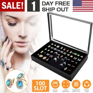 100 Slots Jewelry Ring Display Organizer Tray Holder Earrings Storage Box Case - Picture 1 of 16