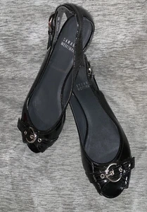 Stuart Weitzman Black Patent Leather Chit Chat Open Toe Peep Toe Flats size 6 M - Picture 1 of 9