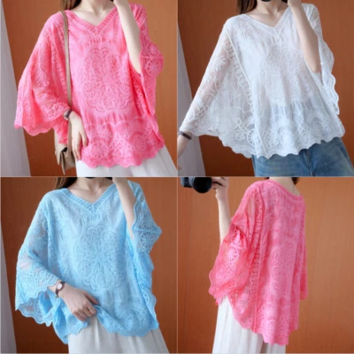 Women Ethnic Batwing Sleeve Blouse T-shirt Top Lace Loose Casual Retro New - Image 1 of 4