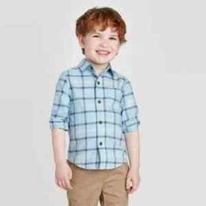 Cat & Jack Toddler Boys' Long Sleeve Plaid Button-Down Shirt - Blue Plaid - 5T - Picture 1 of 1