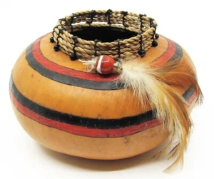 VTG Tampa Artist Margo Annis Painted Gourd Vase Fiber Art Feathers Basket 1994 - Picture 1 of 8