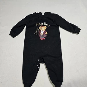 RALPH LAUREN Baby Polo Bear Cristmas Tree Black Fleece Coverall Sz 12m Girl - Picture 1 of 3