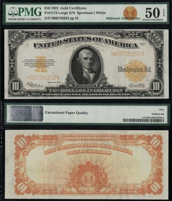 SC 1922 $10 Fr.1173 Gold Certificate PMG 50 EPQ About Uncirculated (252) - Image 1 of 4