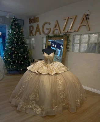 Vestidos de Quinceañera Champagne Flores 3D Dulce 15 16 Fiesta Baile de graduación Vestido Foto 1 de 4