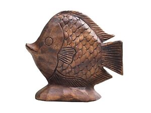 Large Wood Carved Fish Figure Home Decor Carving Wooden Sculpture Decoration 10"