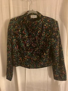 SOIREE COLORFUL RAINBOW EMBROIDERED ZIP FRONT SILK SHORT JACKET SIZE MEDIUM  - Picture 1 of 9