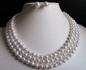 Beauty 3 Rows 8mm White Shell Pearl Round Necklace Earrings 17-19" AAA - Picture 1 of 4