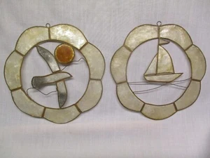 Capiz Shell Sun Catcher Sailboat &Seagull Round Window Suncatcher Beach Cottage - Picture 1 of 6