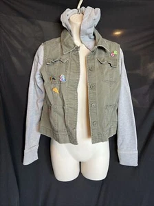 EUC Girls Mudd Army Green Military Distressed Hooded Jacket Coat Pins SZ 14 1/2 - Picture 1 of 7