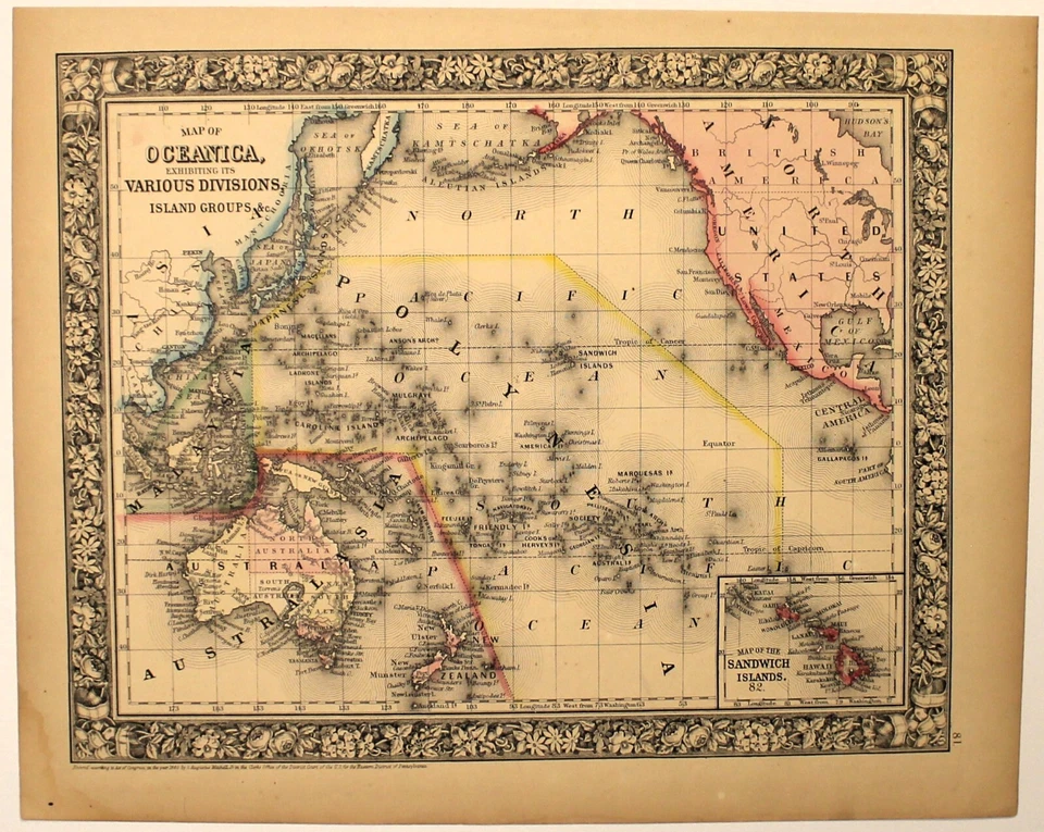 ISLAS DEL PACÍFICO, OCEANÍA, POLINESIA Antiguo auténtico mapa Mitchell 1863 Foto 1 de 1