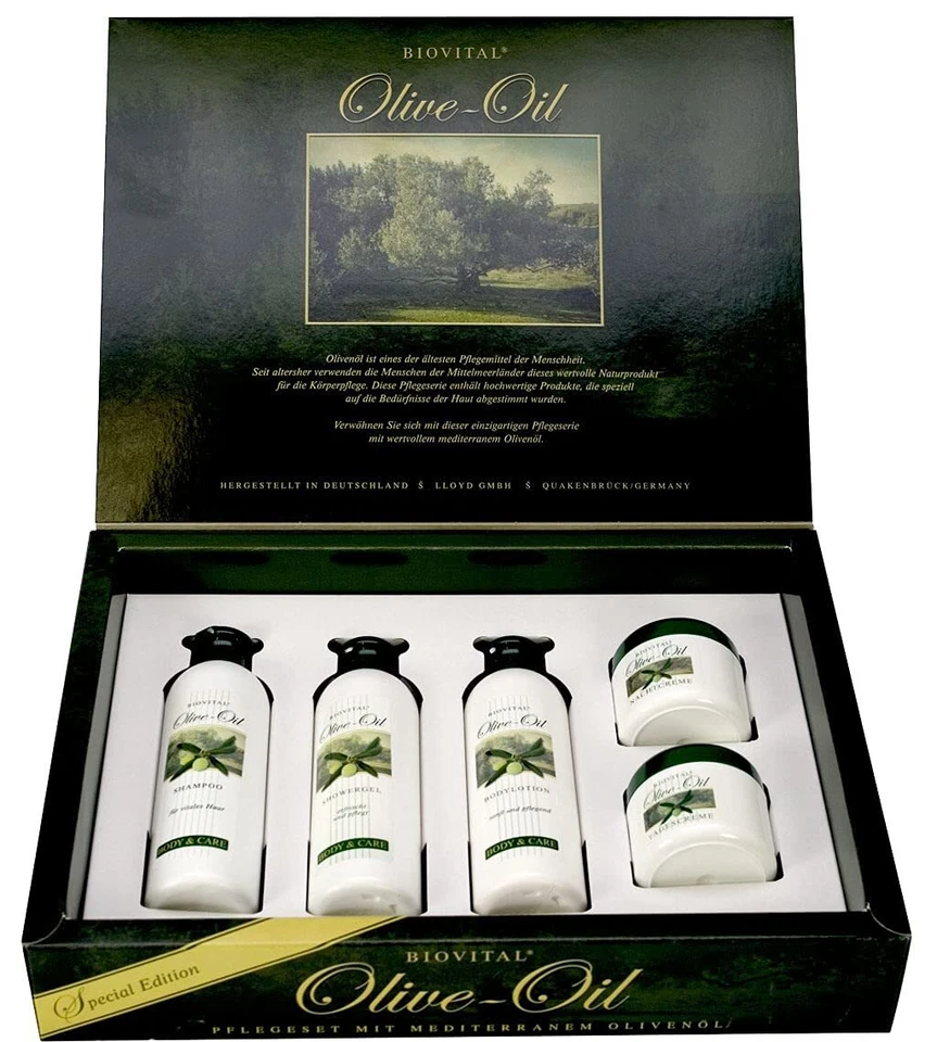 EMECO Pflegeset Olivenöl Set 5-tlg. Shampoo Lotion Creme Duschgel Geschenkbox