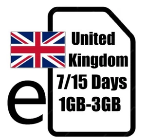 UK eSIM 1GB for 7 days / 3GB for 15 days - DIGITAL Travel data eSIM - Picture 1 of 1