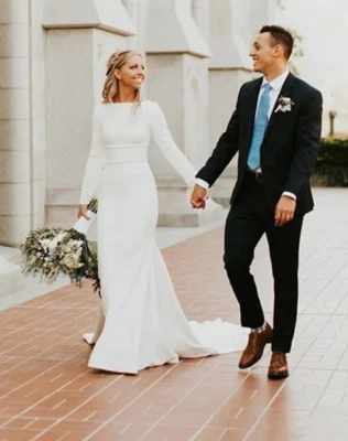 Long Sleeves simple wedding dress,High Neck Plain satin bridal gown,mermaid gown - Image 1 of 4