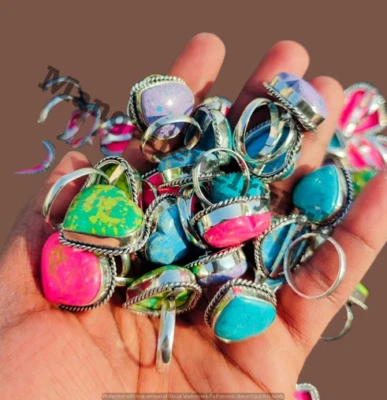 Lote de 10 piezas de anillos de corazón enchapados en plata 925 turquesa y mezcla de piedras preciosas a granel Foto 1 de 4