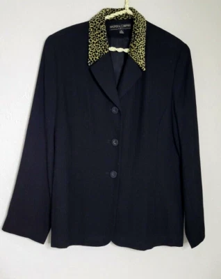 复古 Kasper & Company ASL 开衫夹克动物印花领黑色 14 码内衬 — 第 1/4 张图片