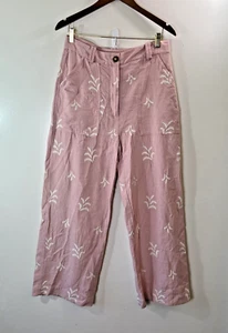 Zara Womens Linen Pants Size L Pink White Embroidery Beachy Barbie Cottagecore - Picture 1 of 6