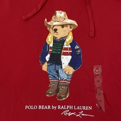 Polo Ralph Lauren Red Cowboy Bear Hooded T Shirt Hoodie Size Medium $85 - Image 1 of 4