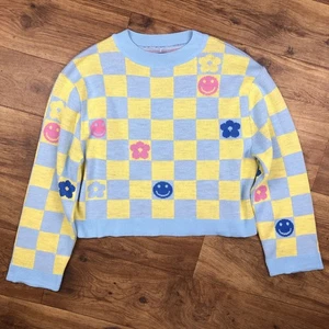 ASOS Design Women Sz 4 Blue Yellow Checkerboard Smiley Face Flower Sweater  - Picture 1 of 6