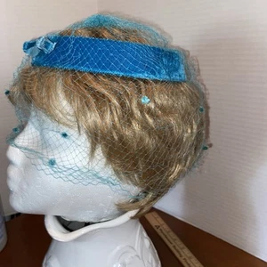Vintage 1940s Open Ringlet Hat Netting Turquoise Velvet Bow #phb - Picture 1 of 11