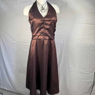 Y2K Elegant Brown Satin Halter Ruched Empire Midi Dress Womens 10 Whimsigoth 90s - Image 1 of 4