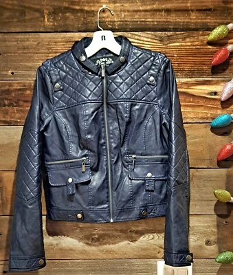 Blanc Noir Faux Vegan Blue Leather Moto Jacket - Image 1 of 4