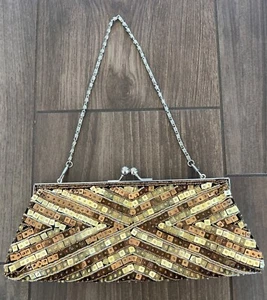 Vtg Gold & Bronze Sequin Clutch Purse With Chain Handle Kiss Lock Closure - Picture 1 of 7