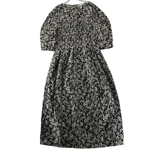 Rebecca Taylor Dress Smocked Cottage Midi Floral Silk Cotton Blend Black Beige M - Picture 1 of 11
