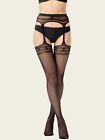 Ladies Black Fine Fishnet Tights Mock Suspender Stockings Open Gusset Loveheart