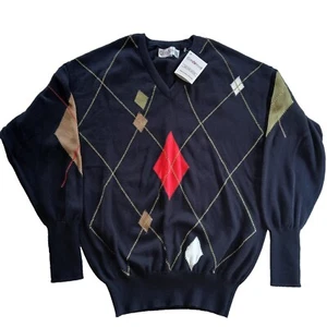 NWT, VTG Clark & Gregory Scotland SZ L Black Red Beige Geometric V-Neck Sweater - Picture 1 of 5