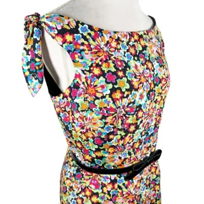 David Meister Colorful Floral Dress Bateau Neck Ties Bow belt Retro Size 12 - Image 1 of 4